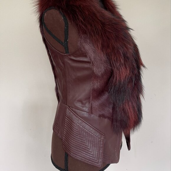 NWOT Burgundy Leather Vest Real Fox Fur S size - Picture 11 of 16